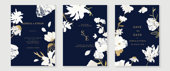 Obraz na płótnie Canvas Luxury botanical wedding invitation card template. Watercolor card with dark background, white flowers, gold line, foliage. Elegant blossom vector design suitable for banner, cover, invitation.