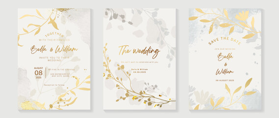 Luxury botanical wedding invitation card template. Watercolor card with gold texture, leaves branches, foliage, trees, flowers. Elegant blossom vector design suitable for banner, cover, invitation.
