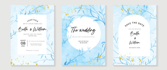 Luxury botanical wedding invitation card template. Watercolor card with blue color, leaves branches, foliage, trees. Elegant blossom vector design suitable for banner, cover, invitation.