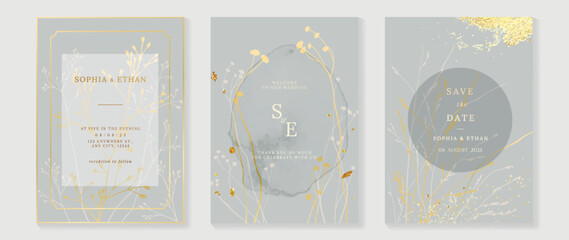 Luxury botanical wedding invitation card template. Watercolor card with gold texture, leaves branches, foliage, wildflowers. Elegant blossom vector design suitable for banner, cover, invitation.