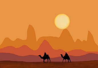 abstract desert mountain illustration caravan traveler