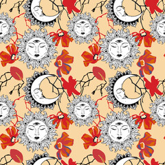 Bohemian seamless pattern with sun, moon, stars and flowers. Vintage style. Gypsy and folk motifs.