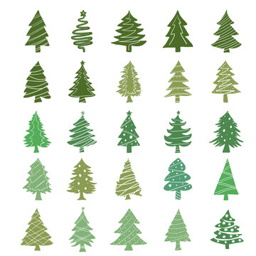 Hand drawn christmas trees set in a simple outline style.