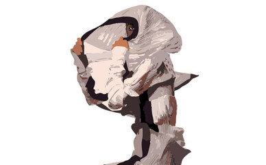 Model poses in the studio, a brown woman in a white pleated dress peeks out with one eye, sitting  on a white background realistic minimalistic illustration vector