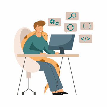 Programmer works at computer. Desktop. Python programming. Freelance and remote work.