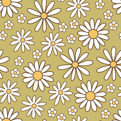 Fototapeta na wymiar Seamless pattern retro 1970s hippie. Background with colorful flower chamomile in vintage style. Illustration with positive symbols for wallpaper, fabric, textiles. Vector