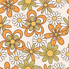 Seamless pattern retro 70s hippie. Background with cute flower in vintage style. Illustration with positive symbols for wallpaper, fabric, textiles. Vector - 523691490