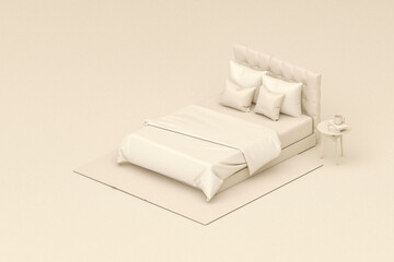 Interior of the room in plain monochrome beige color with bed,  room accessories. Light background with copy space. 3D rendering for web page, presentation or picture frame backgrounds.	