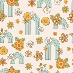 Seamless pattern retro 70s hippie. Psychedelic groove elements. Background with rainbow and flower in vintage style. Illustration with positive symbols for wallpaper, fabric, textiles. Vector - 523691605