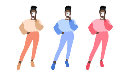 Vector afro american woman character make photo on smartphone. Isolated casual woman illustration. Modern style female flat portrait. Cute girl photography on smartphone for social media. Cartoon girl
