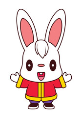 Cartoon cute rabbit wearing chinese costume. Chinese New Year 2023. Year of the rabbit zodiac illustration