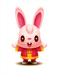 Happy Chinese New Year 2023. Cartoon cute long ears rabbit wearing traditional chinese costume with greeting hand. Year of the rabbit. Vector bunny character