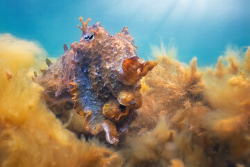 Australian giant cuttlefish (Sepia apama) displaying with textured skin amongst sea weed and algae,...