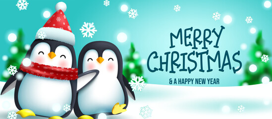Penguin christmas greeting vector design. Merry christmas text with penguins friendly characters in outdoor snow for xmas holiday celebration. Vector illustration.  © Zeinous