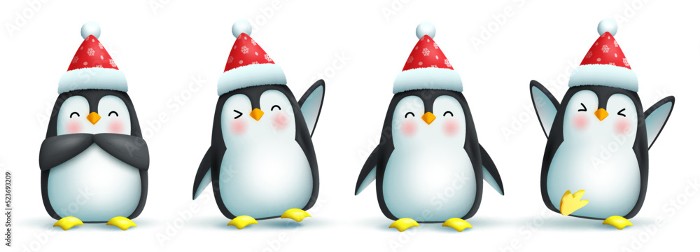 Poster penguin christmas characters vector set. 3d penguin character in friendly and cute pose and gestures
