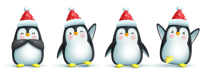 Penguin christmas characters vector set. 3d penguin character in friendly and cute pose and gestures with santa hat isolated in white background for xmas collection design. Vector illustration.
 - obrazy, fototapety, plakaty