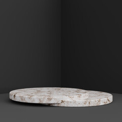 Minimalist simple marble cylinder podium or pedestal display with dark color background for product presentation. 3d rendering
