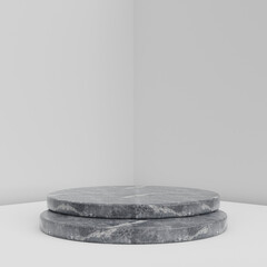 Minimalist simple marble cylinder podium or pedestal display with white color background for product presentation. 3d rendering