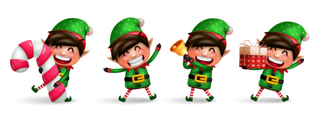 Elf christmas characters vector set. Elves 3d kids character with candy cane, gift and bell xmas elements standing and isolated in white background for xmas collection design. Vector illustration.
