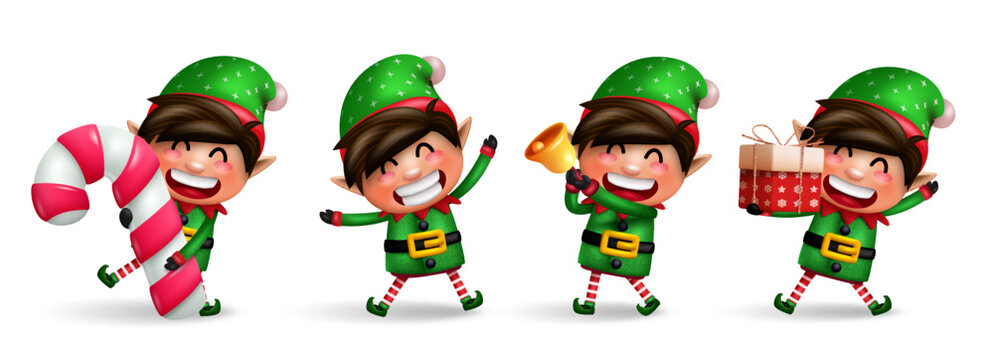 Elf christmas characters vector set. Elves 3d kids character with candy cane, gift and bell xmas elements standing and isolated in white background for xmas collection design. Vector illustration.

