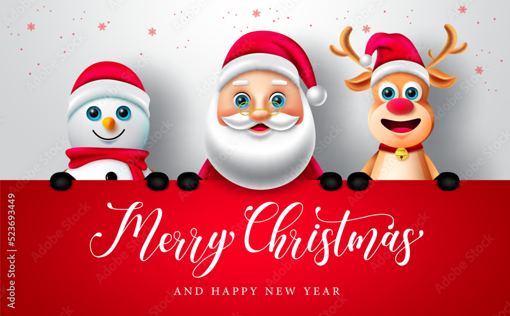 Poster christmas characters vector template design. merry christmas text in red empty space with santa clau