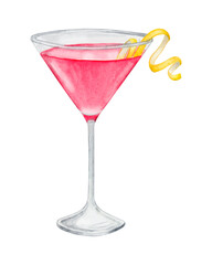 Cosmopolitan cocktail watercolor hand drawn illustration. Drink clipart on white background. - obrazy, fototapety, plakaty