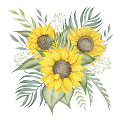 Fototapeta na wymiar Sunflower bouquet watercolor hand drawn illustration. Botanical clipart element isolated on white background.