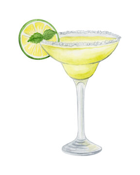 Margarita cocktail watercolor hand drawn illustration. Drink clipart on white background.