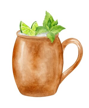 Moscow mule cocktail watercolor hand drawn illustration. Drink clipart on white background.