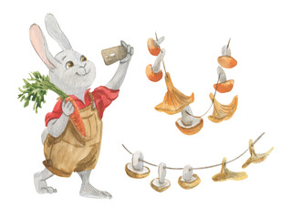 Watercolor illustration of a rabbit in clothes with a carrot in his hand takes a selfie, garlands of mushrooms