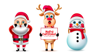 Christmas characters vector set. Christmas character like santa claus, snowman and reindeer holding whiteboard with merry christmas greeting messages for xmas collection design. Vector illustration.

