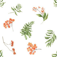 Seamless pattern of watercolor illustrations of rowan berries and greenery branches