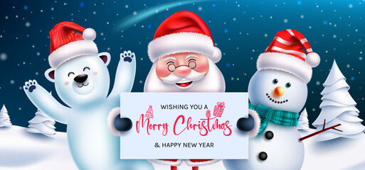 Christmas characters vector design. Santa claus, snowman and polar bear characters in winter eve with merry christmas greeting for xmas celebration. Vector illustration.
