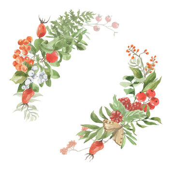 Watercolor wreath of autumn leaves and berries