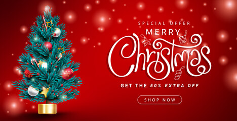 Fototapeta na wymiar Christmas sale vector banner design. Christmas sale special offer text with xmas tree seasonal element for xmas shopping holiday promo ads. Vector illustration. 