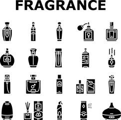 fragrance bottle perfume cosmetic icons set vector. glass product, luxury beauty spray, cologne scent perfumery, aroma package container fragrance bottle perfume cosmetic glyph pictogram Illustrations