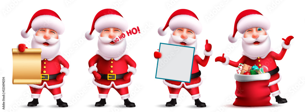 Poster santa claus character vector set. santa claus christmas characters in 3d with xmas elements isolated