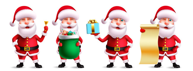 Santa claus character vector set. Santa claus in 3d realistic christmas characters with gift, bag and scroll in cute facial expression for xmas collection design. Vector illustration.

