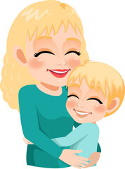 Cartoon character with Mom and son embrace. Mother is day concept