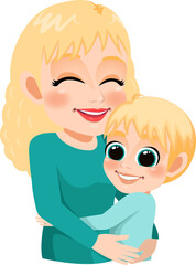 Cartoon character with Mom and son embrace. Mother is day concept