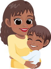 Cartoon character with African American Mom and son embrace. Mother is day concept