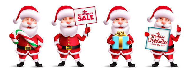 Fototapeta premium Santa claus christmas character vector set. Santa claus in 3d characters with placard and gift waving and friendly gestures in smiling facial expression for xmas collection design. Vector illustration