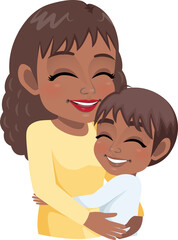 Cartoon character with African American Mom and son embrace. Mother is day concept