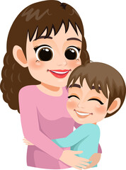 Cartoon character with Mom and son embrace. Mother is day concept