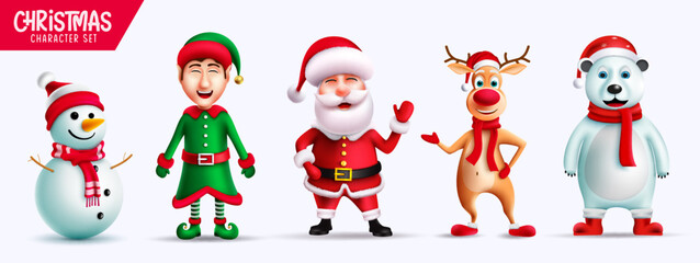 Christmas character vector set design. Santa claus, elf, reindeer, snowman and polar bear 3d christmas characters isolated in white background for xmas holiday collection. Vector illustration.
