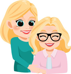 Cartoon character with Old Mom and daughter embrace. Mother is day concept