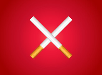 Do not smoke, realistic red poster. Cigarettes lines, stop smoking sign. Tobacco ban logo. Law smoker symbol. Addiction vector illustration. Bad habit 3D icon. Anti tobacco day sign
