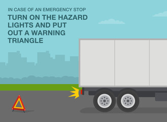 Heavy vehicle driving rules and tips. In case of emergency stop put out a warning triangle. Red breakdown triangle stands behind the broken truck on road side. Flat vector illustration template.