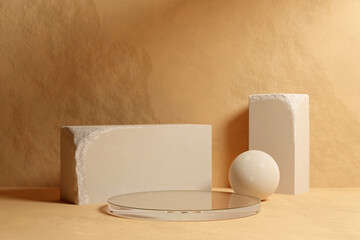 Beige stone room with glass podium. White sandstone blocks and sphere on natural beige stone with soft shadow.Concept of shop product or cosmetic display stand background, skincare mock up. 3d render.