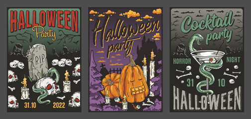 Halloween poster set for cementary scary party. Autumn october banner with zombie hand and skulls